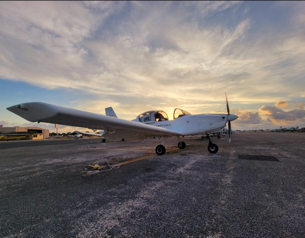 Aviation student testing navigation systems during practice cross-country flight